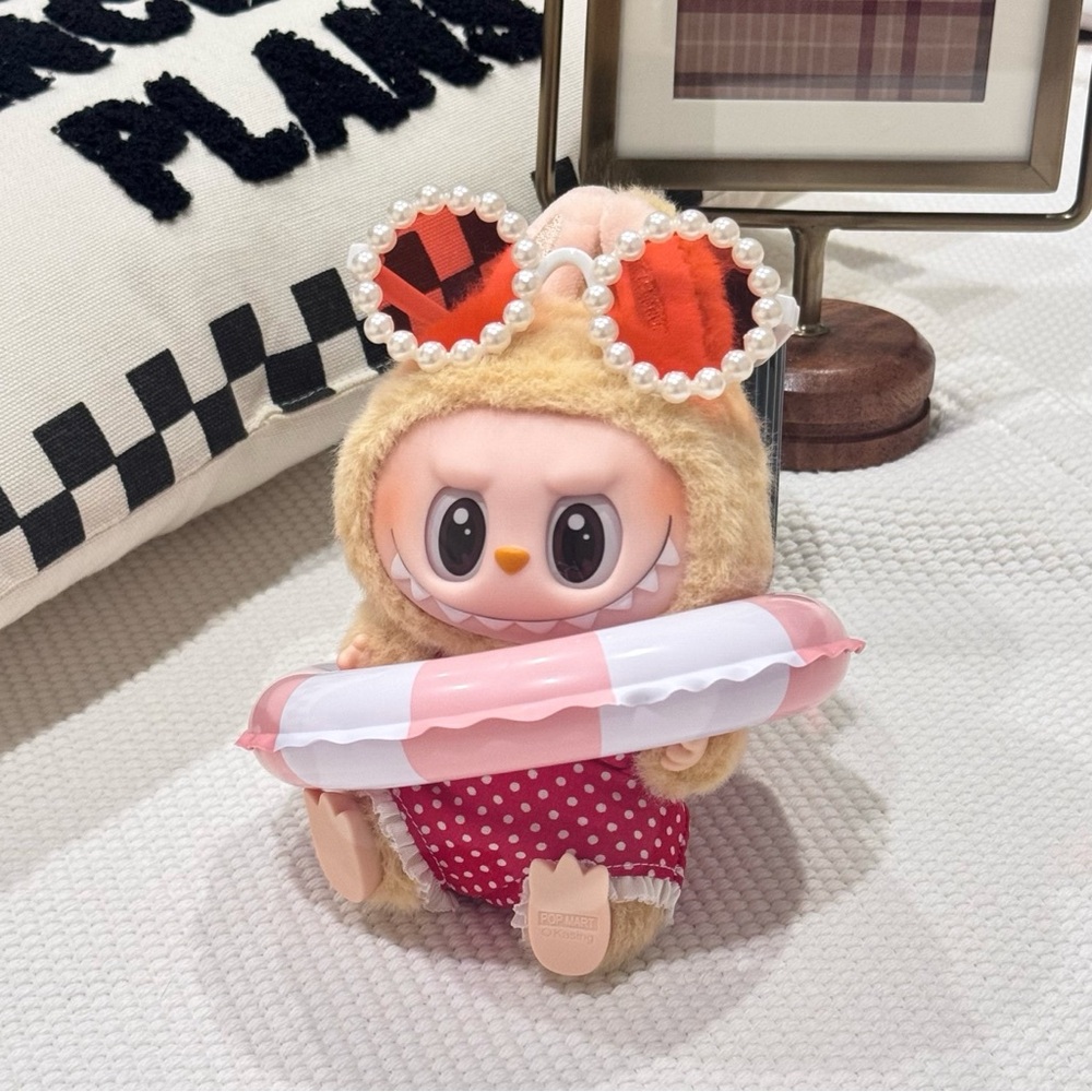 Labubu clothes - Summer Outfit Set – Doll Red Swimwear with Sunglasses & Float